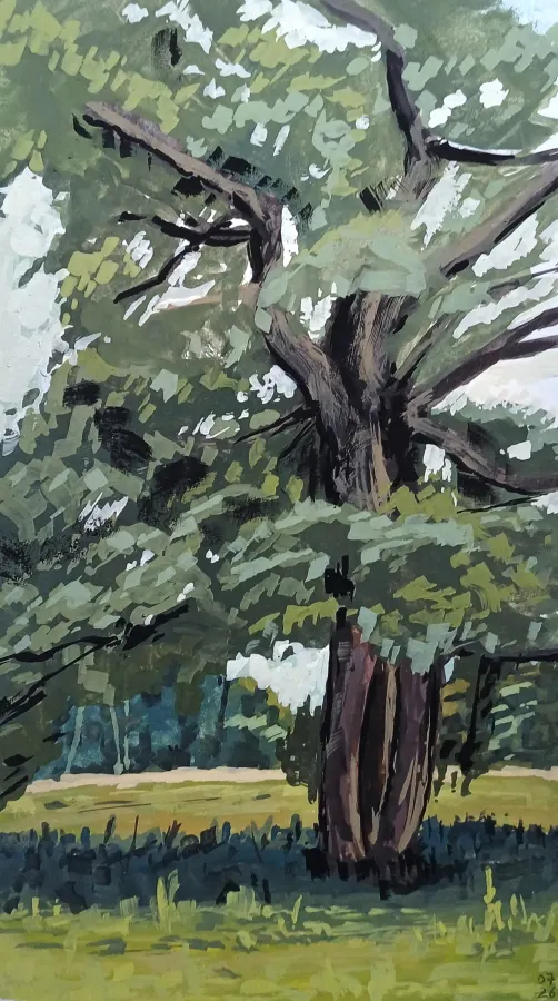 Alte Eiche, Gouache in Skizzenbuch, 2026