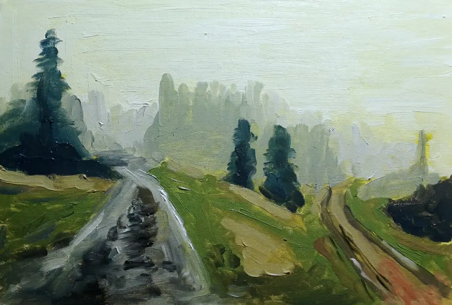 Auf dem Acker im Harz #1, Öl auf Karton, 2026