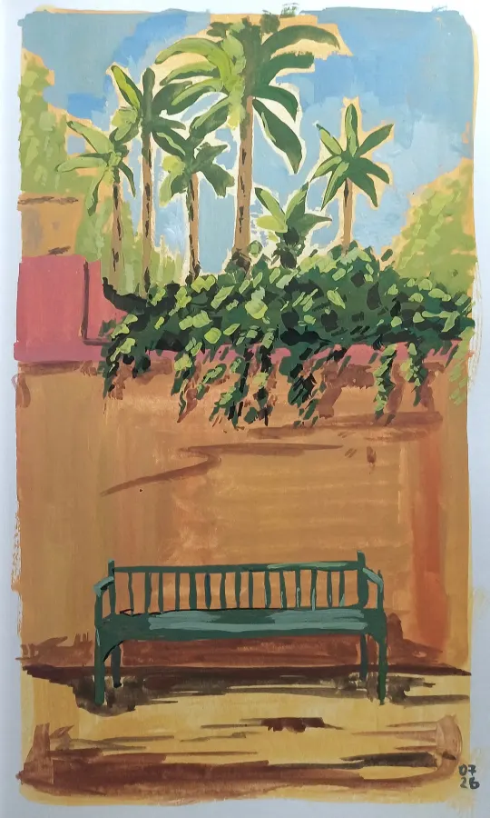Bank unter Palmen, Gouache in Skizzenbuch, 2026