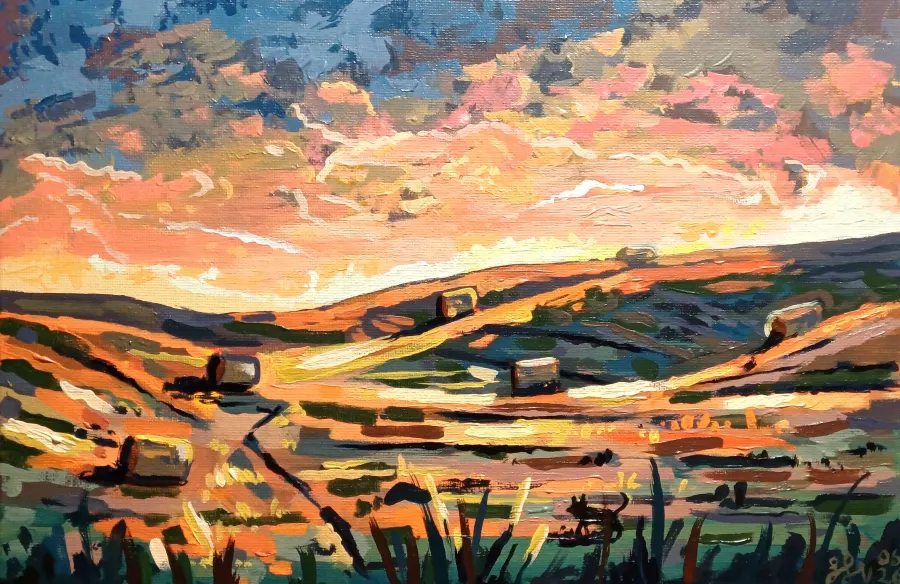 Dämmerung im Feld, Acryl auf Karton, 2026