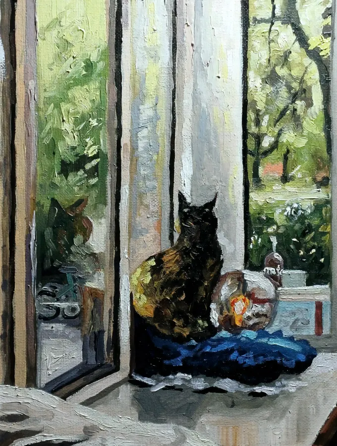 Katze im Café, Öl auf Karton, 2026