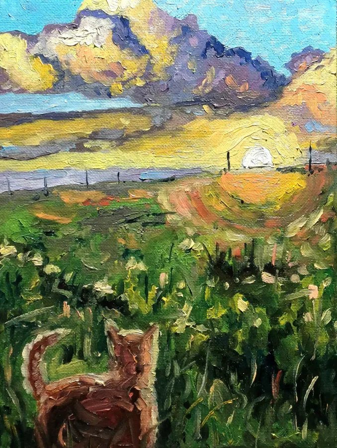 Katze im Sonnenuntergang, Öl auf Karton, 2026