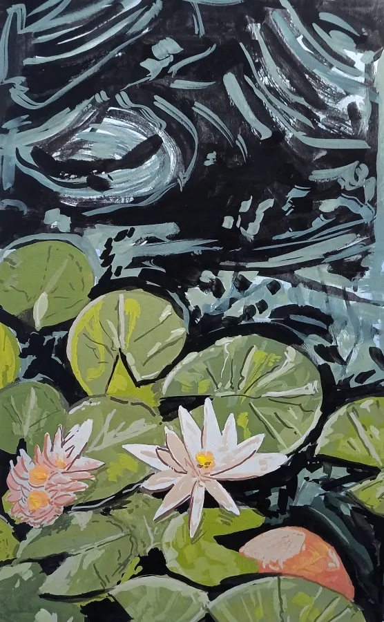 Seerosen in dunklem See, Gouache in Skizzenbuch, 2026